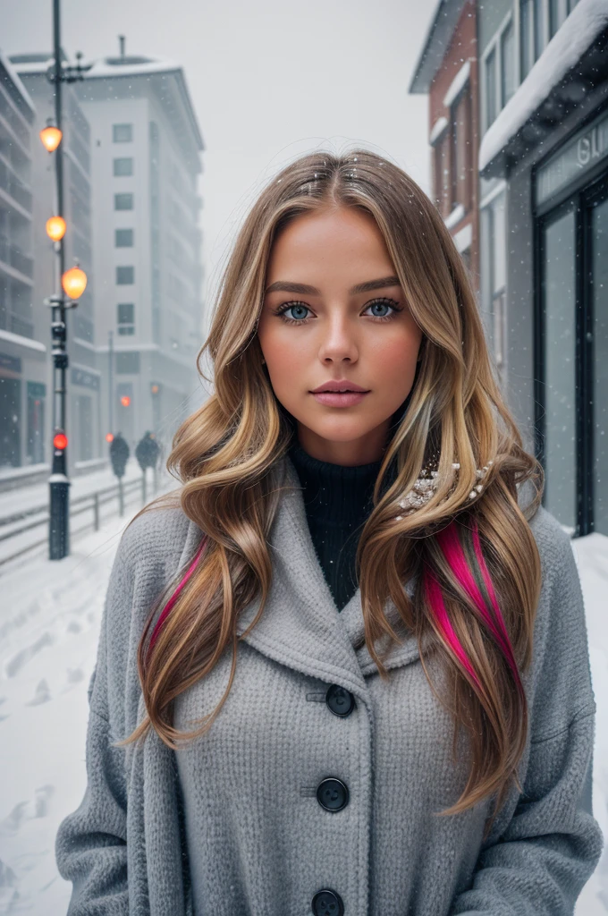 professional portrait photograph of a gorgeous Norwegian girl in winter clothing with long wavy blonde hair, sultry flirty look, gorgeous symmetrical face, cute natural makeup, wearing elegant warm winter fashion clothing, ((standing outside in snowy city street)), stunning modern urban environment, ultra realistic, concept art, elegant, highly detailed, intricate, sharp focus, depth of field, f/1. 8, 85mm, medium shot, mid shot, (((professionally color graded))), bright soft diffused light, (volumetric fog), trending on instagram, hdr 4k, 8k