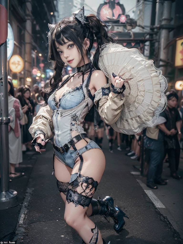 (Full Body View:1.4)、(Full body:1.4)、(Side view:1.1)、(Smiling with teeth showing:1.3),(Shibuya Gal:1.5)、(Hostess:1.4)、(gothic fashion:1.5)、(Punk RockVisual Kei:1.3)、(Futuristic baby doll in black, white and denim:1.5)、(A delicate jacket in denim, beige and navy:1.5)、(Denim garter belt:1.5)、(Denim and black and white bodysuit:1.4)、(Heart-shaped silver accessories:1.5)、(Brown Skin Belt:1.4)、(Blue High Heels:1.4)、(Lace patterned underwear:1.4)、20-year-old、NSFW,((Highest quality、In 8K、masterpiece:1.3))、Sharp focus:1.2、(Layered Cut、Beautiful boobs:1.1),Beautiful woman with perfect figure:1.4、(Doing an aerobics pose:1.3)、Slender Abs:1.2、Butt、Highly detailed face and skin texture、Detailed eyes、double eyelid,(Twin tails:1.3)、(Black brown hair:1.3)、Obscene、Gravure idol、(Luxurious amusement park at night:1.3)、(Make your legs thinner:1.4)、(Thin thighs:1.4)、(Slim Body:1.3)、(clavicle:1.1)