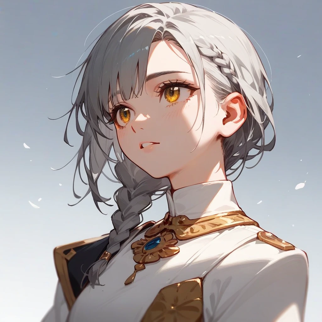Highest quality, masterpiece,Gray Hair, Golden Eyes,White clothes, look up, Upper Body,hair,Fair skin,Side braid