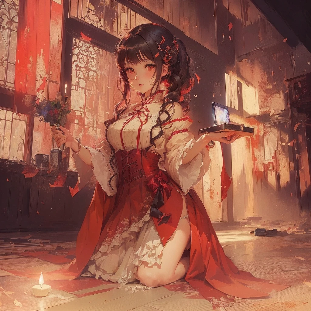 Anime girl in a red dress holding a candle in a room, Gwaiz on pixiv artstation, Gwaiz on artstation pixiv, Gwaiz, artstation pixivでトレンド, By Yuumei, Anime Style 4k, by Shimo, Beautiful anime artwork, artwork in the style of Gwaiz, Jan J