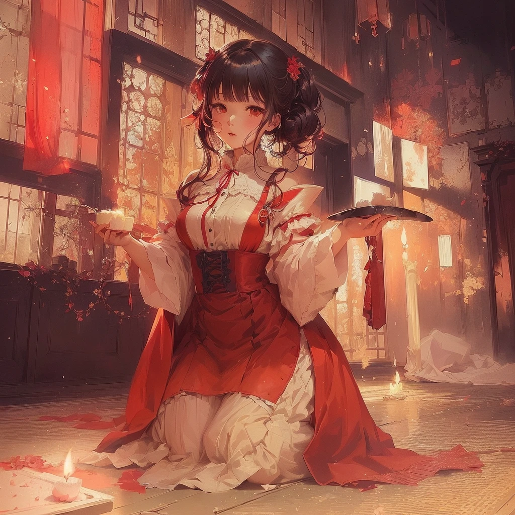 Anime girl in a red dress holding a candle in a room, Gwaiz on pixiv artstation, Gwaiz on artstation pixiv, Gwaiz, artstation pixivでトレンド, By Yuumei, Anime Style 4k, by Shimo, Beautiful anime artwork, artwork in the style of Gwaiz, Jan J