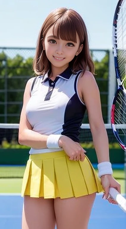 ((Tennis Wear、Tennis Costumes、Tennis uniform、Sleeveless Polo Shirt、Pleated mini skirt with slit))、1 girl、Bob Hair、Brown Hair、Medium breast、smile、masterpiece:1.3、Raw photo、Highest quality、Tennis court、Detailed Background、Anatomically correct arms and legs、Anatomically correct fingers、