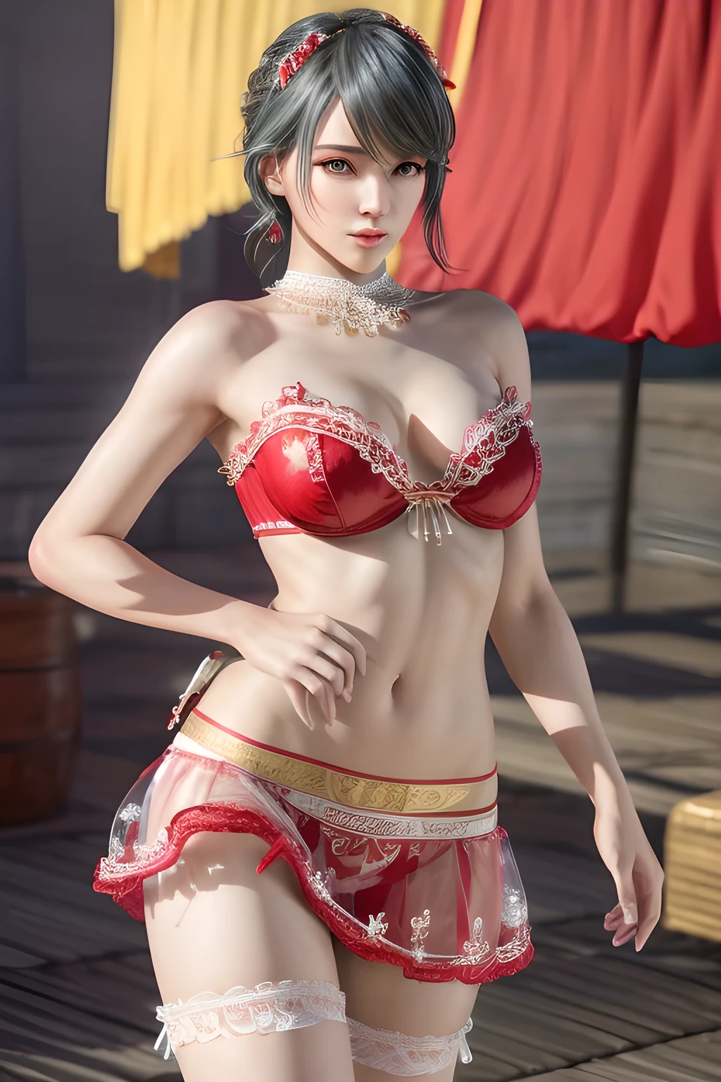 The charming style of a female model, she is wearing red underwear with a transparent gauze skirt. The flower pattern and tassel decoration on the skirt add feminine softness and dynamism to the overall look. The waist of the model is outlined by a red belt, and the golden decoration on the belt is the finishing touch. The gray design and the simple background make the model the focus of the picture, and people will be attracted by her at first sight., (best quality,8k,highres,masterpiece:1.2),ultra-detailed,(realistic,photorealistic,photo-realistic:1.37),studio lighting,ultra-fine painting,sharp focus,physically-based rendering,extreme detail description,professional,vivid colors