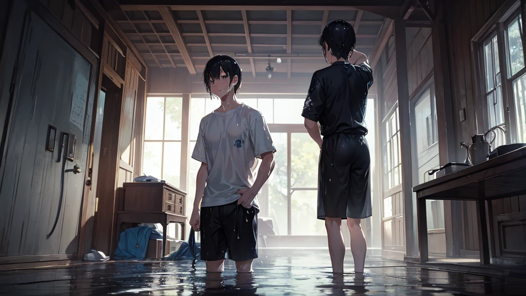 masterpiece:1.6, best quality),1boy short hair, sacred, sweatdrop,upper body,wet ,(wet clothes:1.3),indoors, just enterd house standing at door, ray tracing,extremely detailed CG unity 8k wallpaper, depth of field,anime