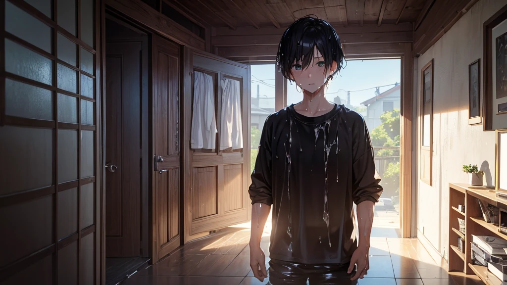 masterpiece:1.6, best quality),1boy short hair, sacred, sweatdrop,upper body,wet ,(wet clothes:1.3),indoors, just enterd house standing at door, ray tracing,extremely detailed CG unity 8k wallpaper, depth of field,anime