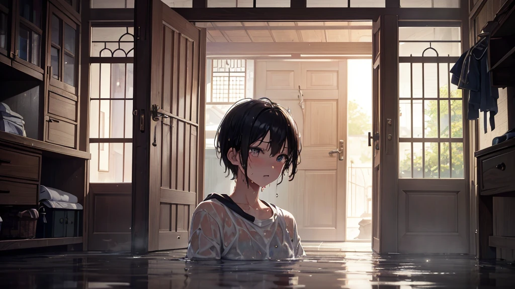 masterpiece:1.6, best quality),1boy short hair, sacred, sweatdrop,upper body,wet ,(wet clothes:1.3),indoors, just enterd house standing at door, ray tracing,extremely detailed CG unity 8k wallpaper, depth of field,anime