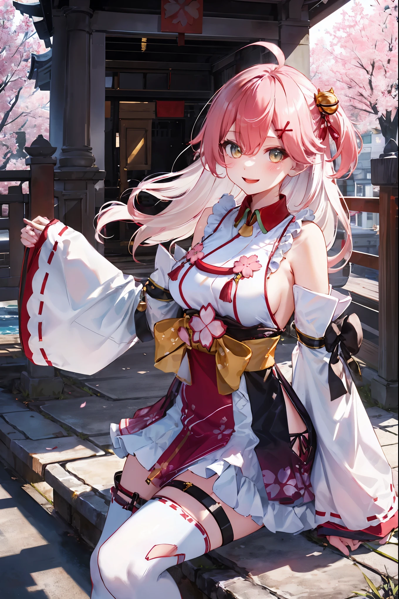 masterpiece, best quality, highres, miko1, sakura_miko, 1girl, big_boobs, solo, ahoge, x_hair_ornament, pink_hair, floral print, hairclip,(side_less_clothes:1.5), (side_boobs:1.5), hair_bell, floral print, long_hair, hair between eyes, one side up, white thighhighs, asymmetrical legwear, wide sleeves, open_mouth,(happy:1.3),gleen_eyes,big_smile,(rise_leg:1.3),plump,apart_legs,(overly_long_sleeves:1.3),),sleeves_past_wrists,hands_hidden_sleeves,sidelock_clothes,dynamic_posing,solo,hidden_wrists,(XD:1.4),covered_nipples,sunlight,cherryblossom_temple_landscape_background,