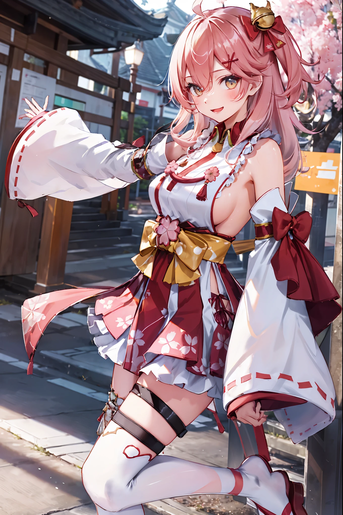 masterpiece, best quality, highres, miko1, sakura_miko, 1girl, big_boobs, solo, ahoge, x_hair_ornament, pink_hair, floral print, hairclip,(side_less_clothes:1.5), (side_boobs:1.5), hair_bell, floral print, long_hair, hair between eyes, one side up, white thighhighs, asymmetrical legwear, wide sleeves, open_mouth,(happy:1.3),gleen_eyes,big_smile,(rise_leg:1.3),plump,apart_legs,(overly_long_sleeves:1.3),),sleeves_past_wrists,hands_hidden_sleeves,sidelock_clothes,dynamic_posing,solo,hidden_wrists,(XD:1.4),covered_nipples,sunlight,cherryblossom_temple_landscape_background,