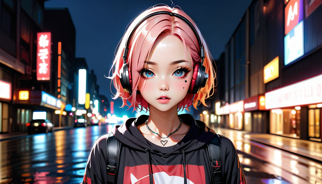 (Highest quality、8k、32K、masterpiece、Hmph:1.3)、(Photorealistic:1.4),(Shoot from the front,View Viewer 1.5)、18-year-old punk girl,Unusual short punk hair,(Multiple facial piercings 1.5)、((Black and shocking red punk fashion 1.5)),Clothes with studs、Black backpack on the back、(A person with bright black and pink hair.5),Wacky makeup、、Dark Background、A desolate town soaked in rain、Puddles on the road、(Cinema Lighting)、Written boundary depth,Blurred Background、(Headphones)