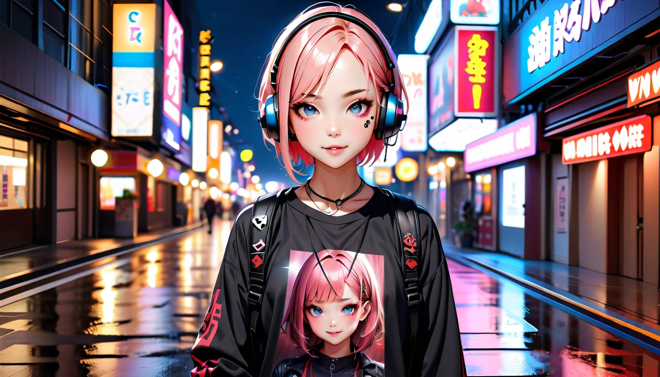 (Highest quality、8k、32K、masterpiece、Hmph:1.3)、(Photorealistic:1.4),(Shoot from the front,View Viewer 1.5)、18-year-old punk girl,Unusual short punk hair,(Multiple facial piercings 1.5)、((Black and shocking red punk fashion 1.5)),Clothes with studs、Black backpack on the back、(A person with bright black and pink hair.5),Wacky makeup、、Dark Background、A desolate town soaked in rain、Puddles on the road、(Cinema Lighting)、Written boundary depth,Blurred Background、(Headphones)