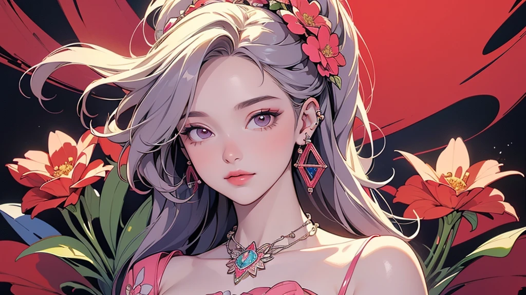 32K, 最高quality, 最高masterpiece, (ultra-Detailed Background, Detailed Background), High resolution, Super detailed, Very detailedな, One girl, (bouquet:1.3), (Tangled:1.2), (Geometric:1.2),(colorful),(masterpiece, quality, best quality, Official Art, Beautiful and beautiful:1.2), (1 girl:1.3), Very detailed,(colorful:1.1)(Flowers:1.3),Most detailed,(Tangled:1.2), whole body, (Abstract background:1.3), (Skin glows), (Many colors:1.4), ,(Earrings Jewelry:1.5), Pale Red Background,