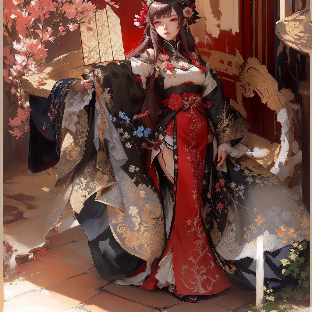 There is a woman wearing a red dress and hat and holding a fan., The Detailed Art of the Onmyoji, Gwaiz on Pixiv artstation, Pixiv contest winner, Zerochan Art, Gwaiz, digital art on Pixiv, Pixiv, Gwaiz on artstation Pixiv, palace , Girl in Han Dress, trending on artstation Pixiv