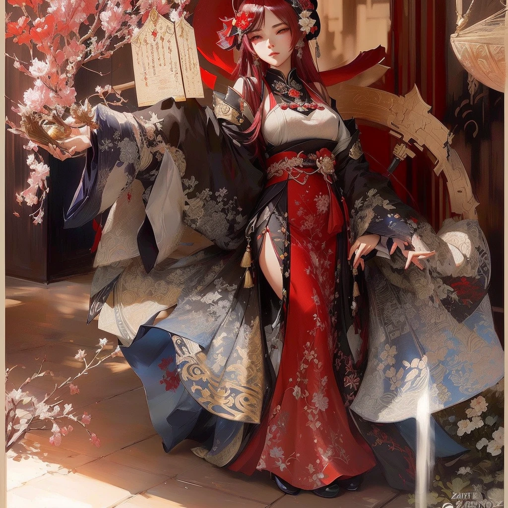 There is a woman wearing a red dress and hat and holding a fan., The Detailed Art of the Onmyoji, Gwaiz on Pixiv artstation, Pixiv contest winner, Zerochan Art, Gwaiz, digital art on Pixiv, Pixiv, Gwaiz on artstation Pixiv, palace , Girl in Han Dress, trending on artstation Pixiv