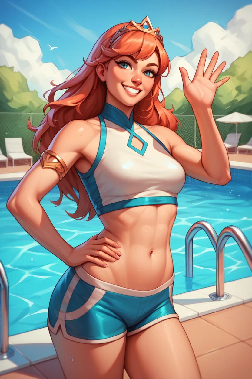 masterpiece, best quality, solo, 1girl ,cipLucy, tiara, crop top, sleeveless, shorts, swimming pool, looking at viewer, smile, standing, hand to hip, waving