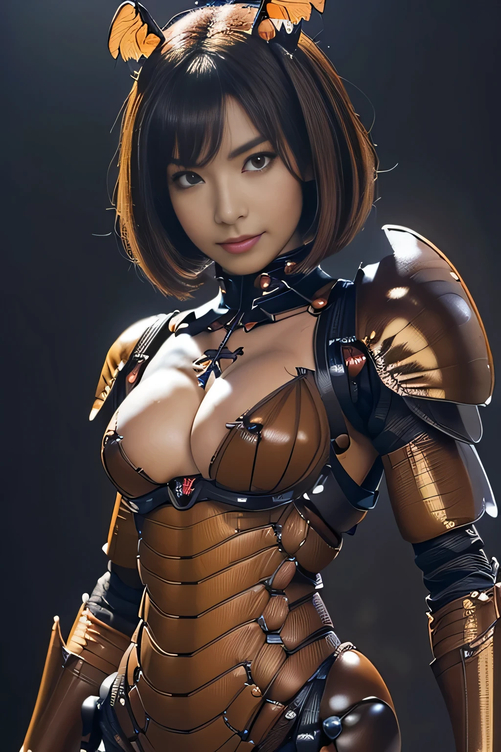 (high resolution,masterpiece,best quality,extremely detailed CG, anime, official art:1.4), realistic, photo, amazing fine details, all intricate, gloss and shiny,awesome many layers, 8k wall paper, 3d, sketch, kawaii, illustration,( solo:1.4), perfect female proportion,villainess, (fusion of dark brown cockroach and lady:1.4), (brown cockroach form lady:1.2), (brown cockroach lady:1.2), (fusion:1.2), (solo:1.4), (evil smile:1.2), muscular, abs, (cockroach brown exoskeleton bio insect suit:1.4), (cockroach brown exoskeleton bio insect armor:1.2), (brown transparency cockroach wing:1.4), (brown cockroach antennae:1.3),