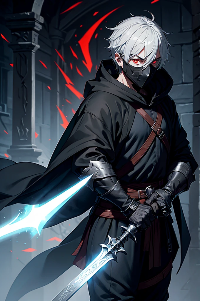 An assassin, male, fantasy character, physically strong, wearing a skull mask covering his face and eyes, dressed in black medieval attire, with a white hooded cloak over it, gray hair, short hair, red eyes, holding a dagger, nighttime background.