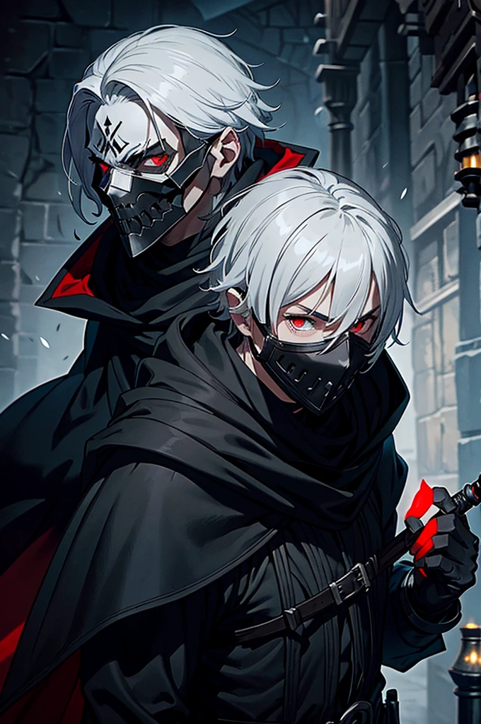 An assassin, male, fantasy character, physically strong, wearing a skull mask covering his face and eyes, dressed in black medieval attire, with a white hooded cloak over it, gray hair, short hair, red eyes, holding a dagger, nighttime background.