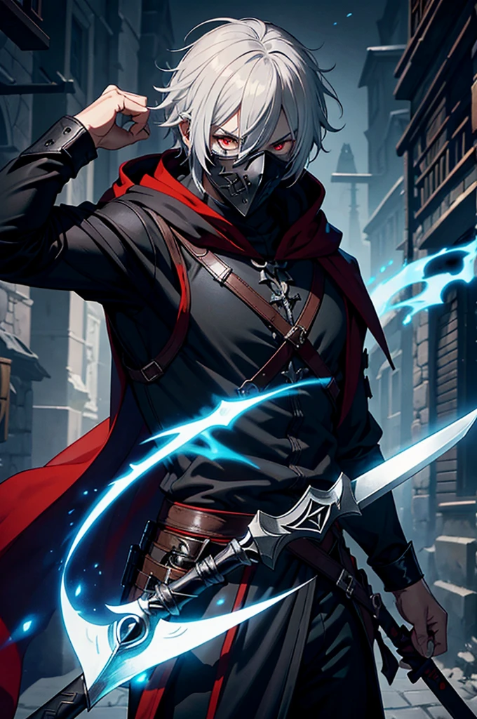An assassin, male, fantasy character, physically strong, wearing a skull mask covering his face and eyes, dressed in black medieval attire, with a white hooded cloak over it, gray hair, short hair, red eyes, holding a dagger, nighttime background.