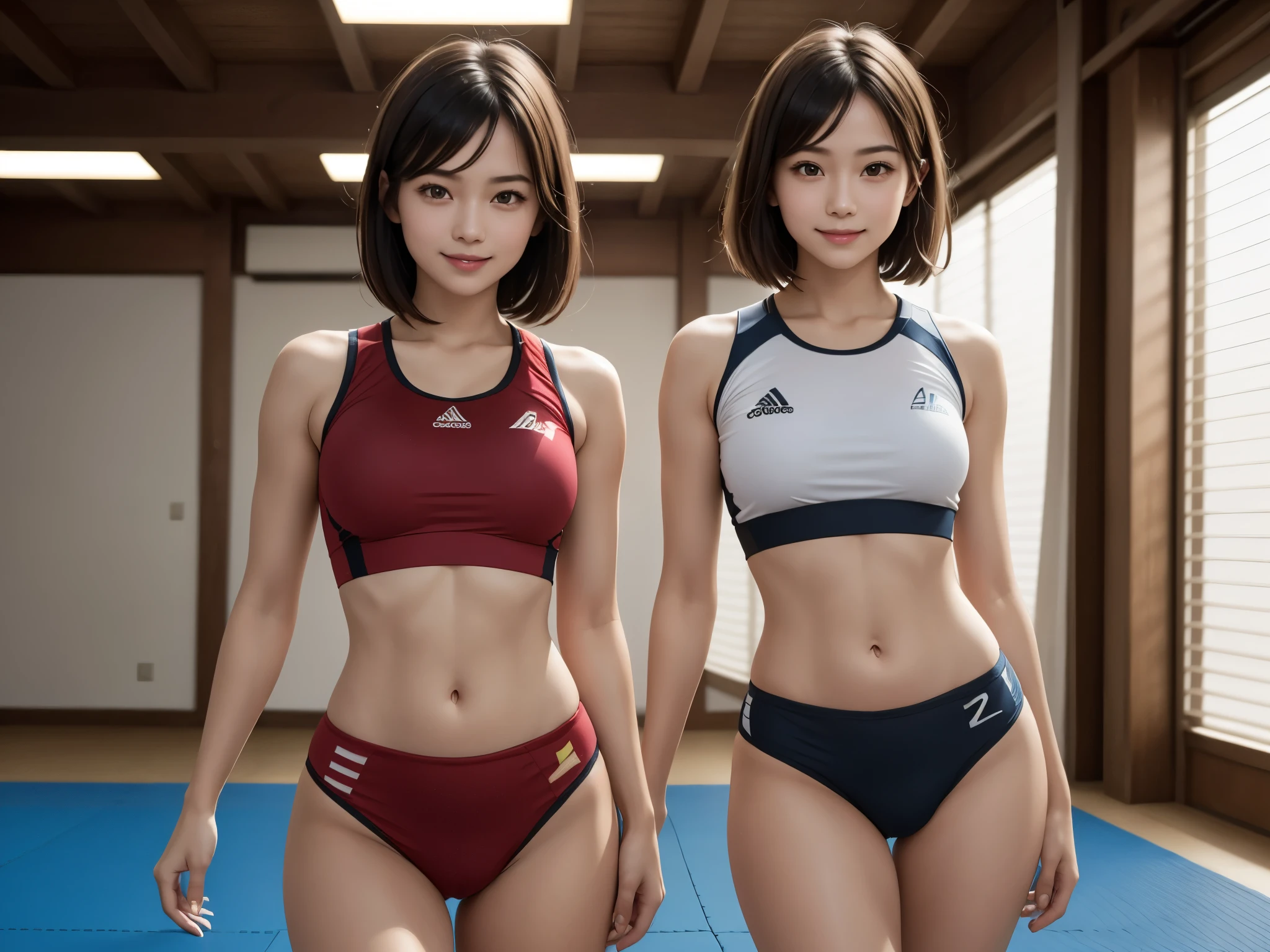 (Solo), (a detailed full-body RAW photo of a girl), (masutepiece:1.0), (Best Quality:1.4), (超A high resolution:1.2), (Photorealistic:1.4), 8K resolution, Canon EOS R5, 50 millimeters, absurderes, ultra-detailliert, (40 year old), Cinematic lighting, Detailed beautiful face, (no-makeup:1.2), (ulzzang -6500-v1.1), petite figure, Detailed skin texture, (flat chest:1.4), (skinny and fit body:1.6), Detailed brown hair, sweltering,(Very short hair:1.5), See Through wear, (Blue and gray thin competition sports wear and spats:1.5), More transparent, low rise, realistic glistening skin, Detailed texture, Cameltoe, well-developed abs, erect nipples, wet wear, (hikari mitsushima)