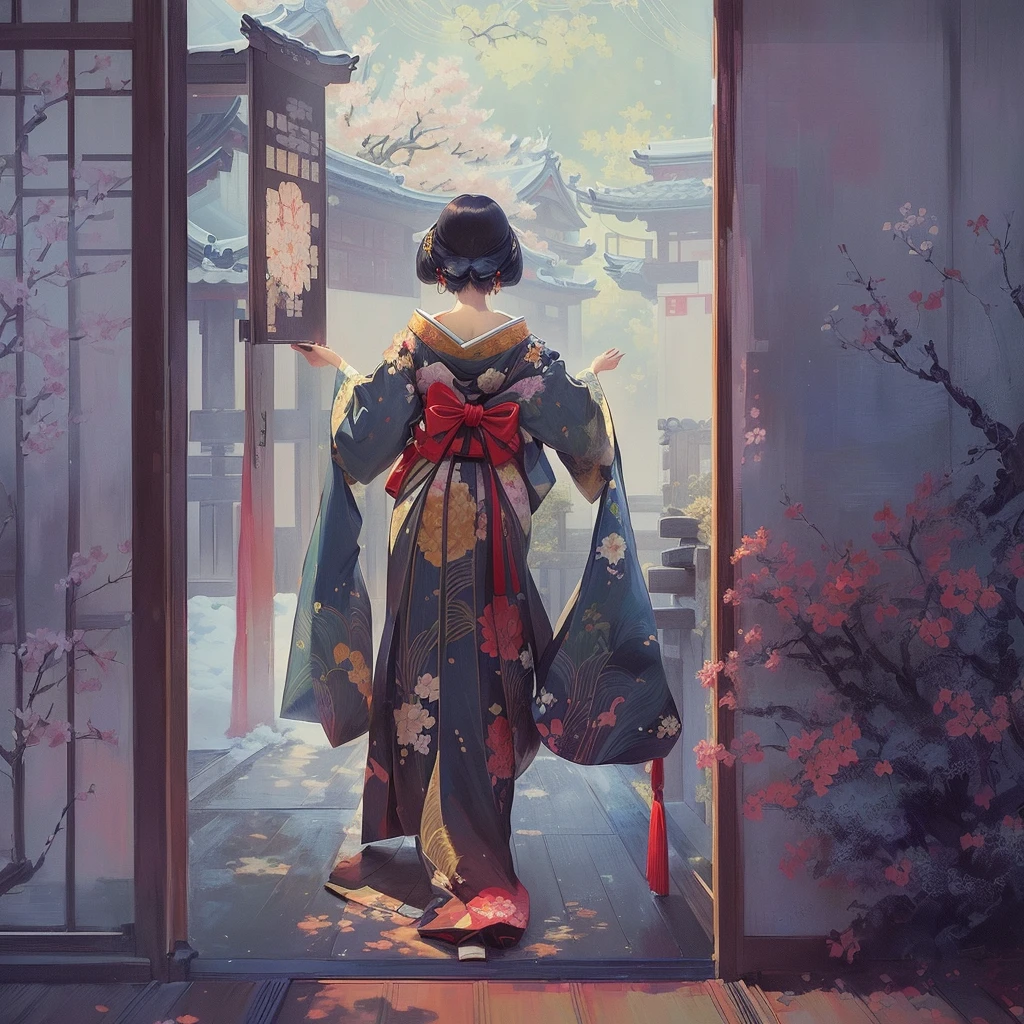 A painting of a woman in a kimono standing in front of a window, artwork in the style of Gwaiz, Gwaiz masterpiece, Gwaiz, Gwaiz on pixiv artstation, Gwaiz on artstation pixiv, Beautiful artwork illustration, Beautiful anime artwork, inspired by Tosa Mitsuoki, Japanese art style, Xin Haicheng