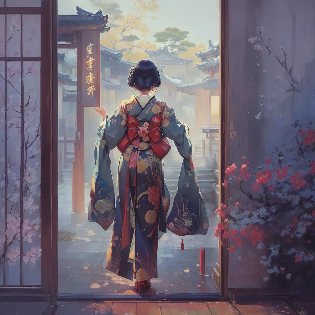 A painting of a woman in a kimono standing in front of a window, artwork in the style of Gwaiz, Gwaiz masterpiece, Gwaiz, Gwaiz on pixiv artstation, Gwaiz on artstation pixiv, Beautiful artwork illustration, Beautiful anime artwork, inspired by Tosa Mitsuoki, Japanese art style, Xin Haicheng