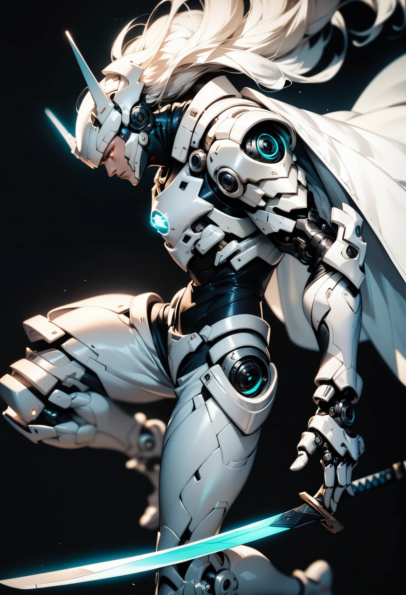 (score_9, score_8_up, score_7_up), zPDXL,1 boy, alone, profile, simple background, white armor, white glowing eyes, full body, light armor, white hair, cyberpunk, sword pointing at the ground, white cape, holding a sword stuck in the ground, sword with white and black engravings, black background, full white armor, white futuristic helmet, epic pose, tight armor, dark aura, white mechanical arm, side view