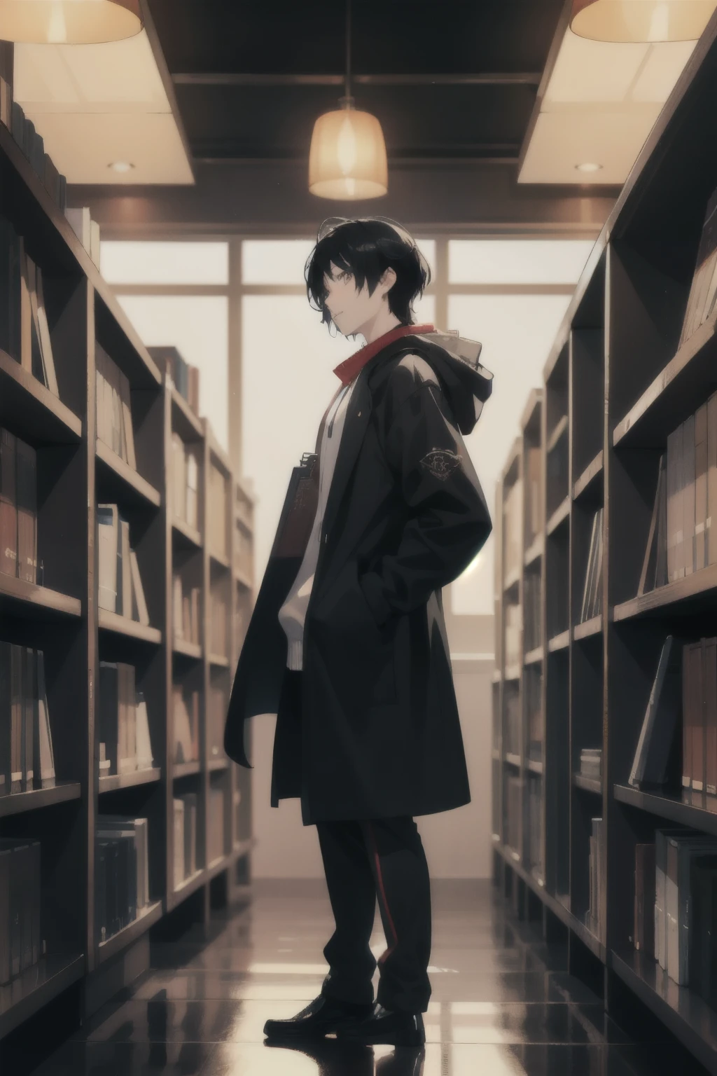 male、Black Hair、student、student服、Hood、Black coat、library、Standing posture、dark、occult、anime、Book、night