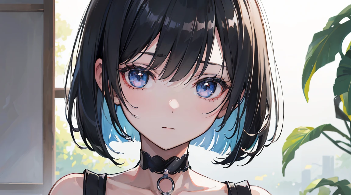 (Bob Cut Hair:1.2),(Put on a choker, Wearing a black Blythe:1.2),1 girl,Japanese,21 years old,(Small breasts:1.3),(Highest quality,masterpiece:1.3,超A high resolution,),(Ultra-detailed,Caustics),(Photorealistic:1.4,RAW shooting,)Ultra-Realistic Capture,Very detailed,High resolution 16K human skin close-up。 Natural skin texture、,Pores、、It needs to be detailed enough to be easily identifiable。 Skin should be even-toned and healthy looking。 Use natural light and colour, Sad expression, Looking at the camera, Perfect dynamic composition, Outdoor