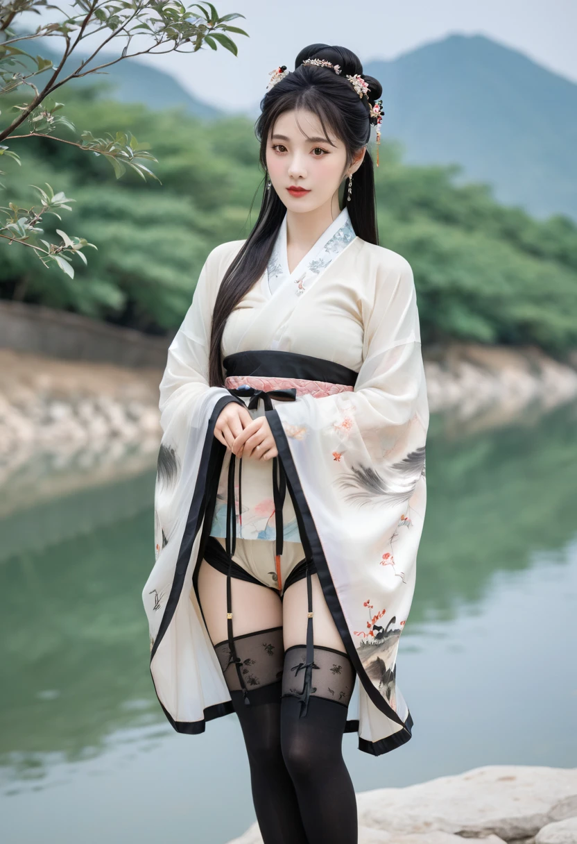 8k, masterpiece, best quality, two-dimensional, (Chinese traditional ink painting:0.2), (perfect hands:1.4), stockings,Wearing hanfu,The stockings on the legs are exposed,River in the background,koyama,Small animals