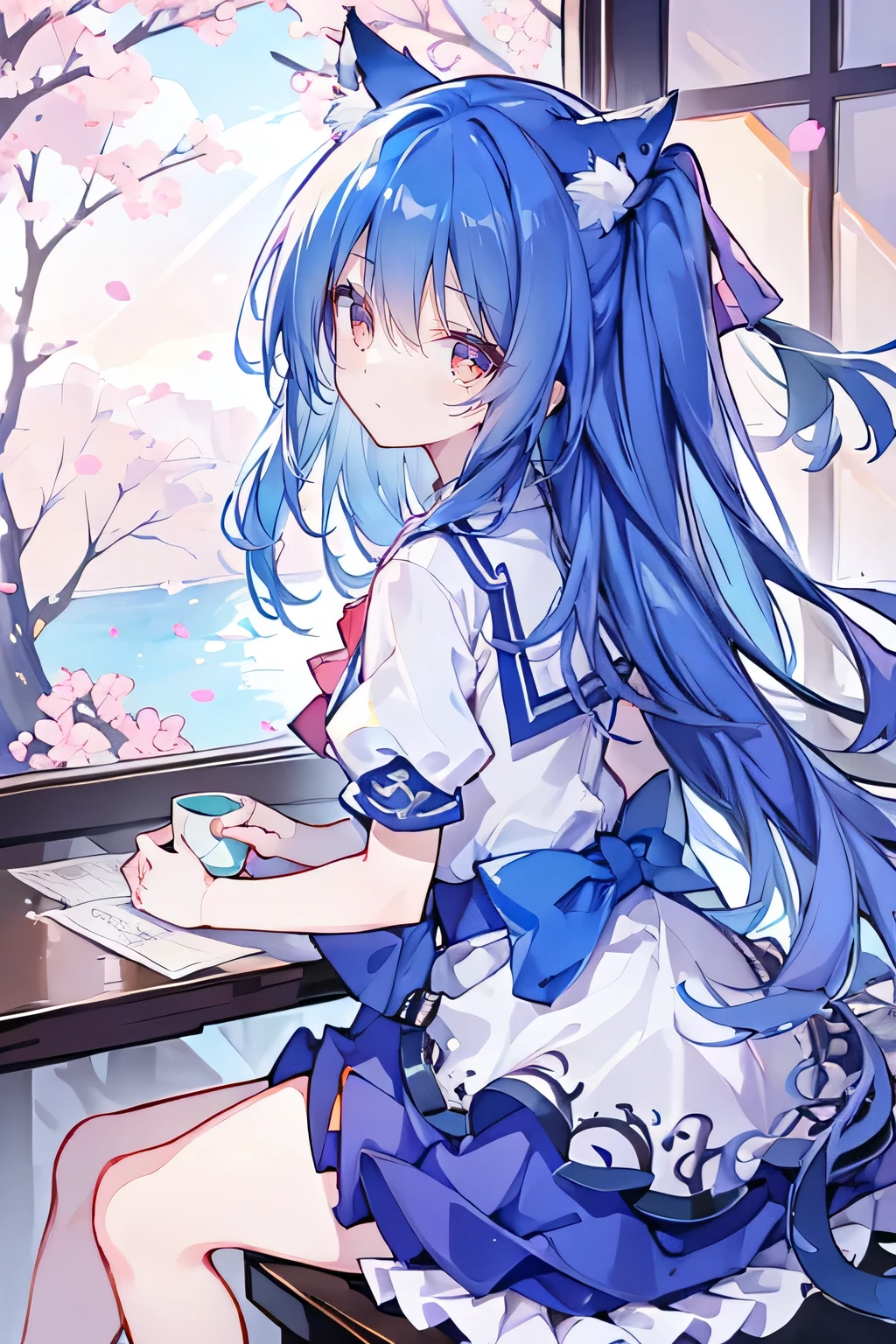 （masterpiece：1.2），Super detailed，lifelike，Expressive eyes，fair skin，perfect face shape，1 girl，
Japanese comics,Gorgeous blue hair,flowing blue hair,flowing clothes,Cat ears,Petals fall,beautiful lola,Baby Angel,
Shaking head with one hand，Cross your legs，，The pavilion is cool and comfortable,smile,back views,sunrise,Petals fall,sunrise，sitting on window sill drinking coffee and looking out the window。