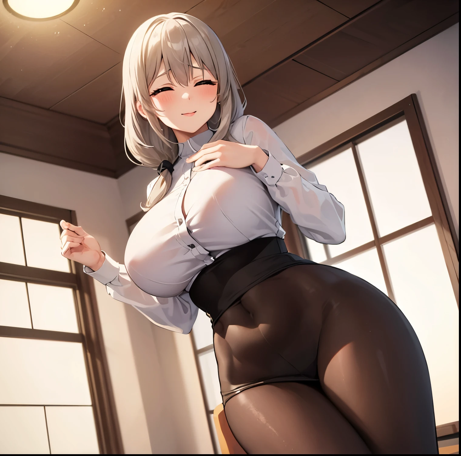 ((1girl)),((alone)), uzaki tsuki,(masterpiece), (best quality), (ultra detailed), (best illustration), (best shadow), (absurdities), sharp focus, cowboy shot , dynamic posture looking at the viewer, big breasts, narrow waist, wide hips, wide thighs, round butt, erotic, romantic, (very detailed eyes, lips 1.1), very detailed eyes, eyes, Very detailed face, Very beautiful face, height full, beautiful slim figure, femininity, expressive appearance, elastic big breasts, increased sexuality, white shirt, gray hair, long hair, hair over the shoulder, hair between the eyes, closed eyes, mature woman, bangs, closed eyes, breasts big, long sleeves, skirt, brown skirt, long skirt, bra visible through clothing, black bra, defined body, perfect and beautiful body, perfect and beautiful, closed mouth, smile, seductive smile, blushing, (sexy pose: 1.2), ((solo)), standing: 1.3, interior, Japanese house, star room, armchair, table, window, night, looking forward, ((focus on thighs)), point of view :(from below ), red blush, perfect anatomy, perfect hands