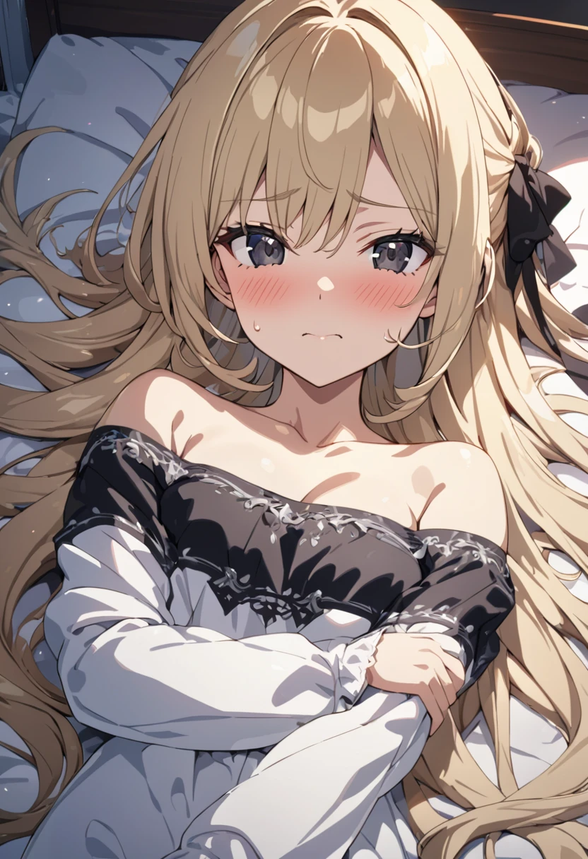 masterpiece, best quality, high quality, detailed, ultra detailed, hyper detailed, insanely detailed, exquisite, beautiful, FHD, Full-HD, 4K, 8K, highres, absurdres, woman, shy, happy, flushed cheeks, lying on back, looking at viewer, very long hair, blonde, black eyes, tall, glamorous, slender, off shoulder, long sleeves, hair ribbon, toned, blush, in the room, with a bed, at midnight, cel anime, headshot, from front, golden ratio