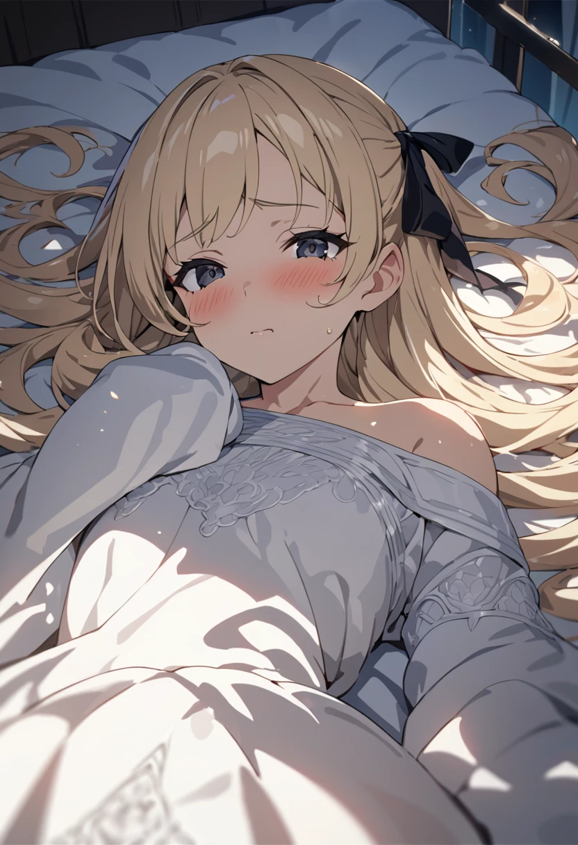 masterpiece, best quality, high quality, detailed, ultra detailed, hyper detailed, insanely detailed, exquisite, beautiful, FHD, Full-HD, 4K, 8K, highres, absurdres, woman, shy, happy, flushed cheeks, lying on back, looking at viewer, very long hair, blonde, black eyes, tall, glamorous, slender, off shoulder, long sleeves, hair ribbon, toned, blush, in the room, with a bed, at midnight, cel anime, headshot, from front, golden ratio