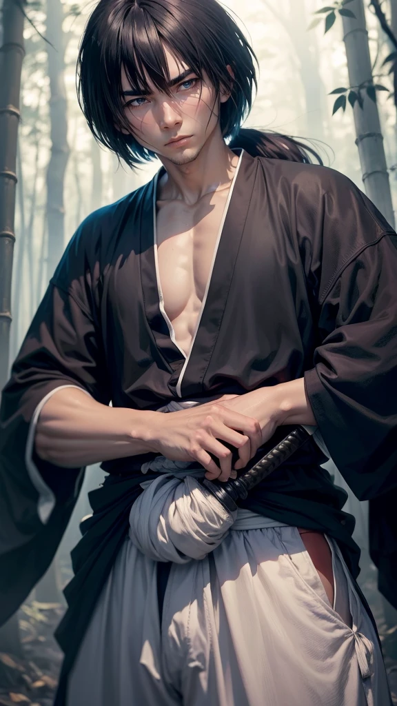 Kenshin Himura(Sword Sai)、Portraiture、Black Hair、samurai、Calm expression、Flowing black hair、A look of determination、Black jersey、Adidas、Soft Ambient Lighting、Bamboo forest background、X mark on face、X mark on left cheek、The x mark on the face is dark、The x mark on the face is large、37 years old、solo。