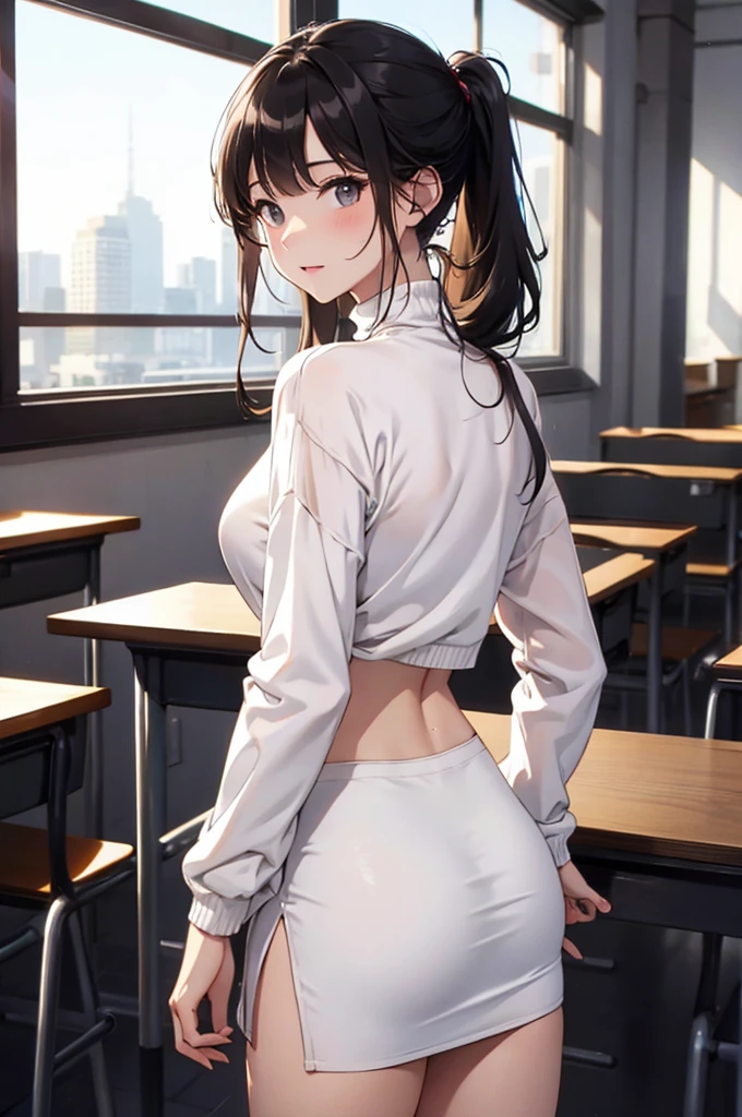 NSFW、Backwards、Looking back、Beautiful buttocks、Beautiful back、Big Breasts、(White tight sweater white、White turtleneck sweater、Gray micro mini tight skirt、Black pantyhose)、Long black hair ponytail、Female college student、University、classroom