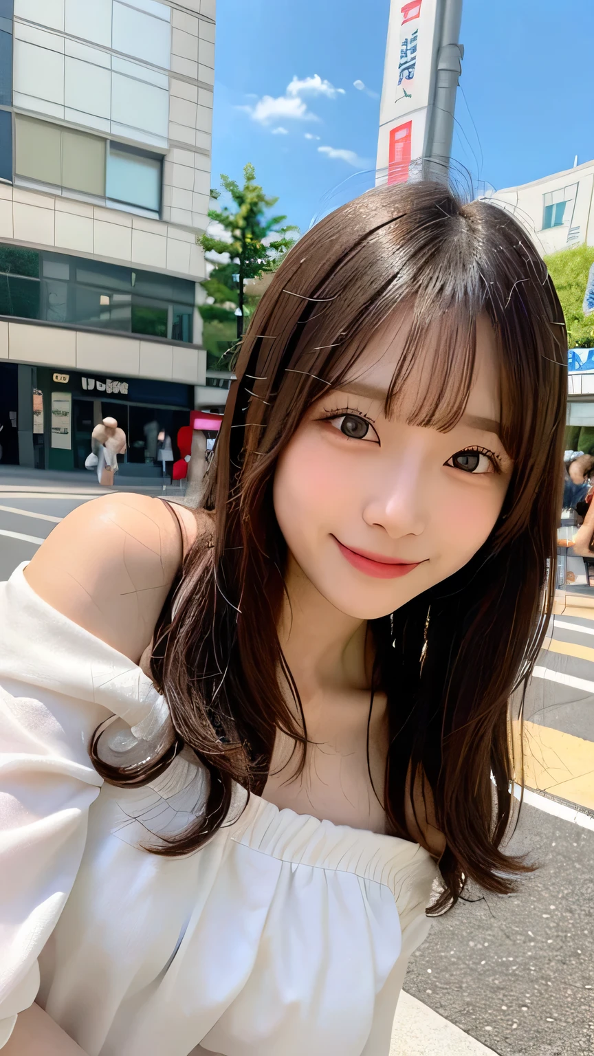 High resolution, Highest quality, Perfect dynamic composition, Beautiful attention to detail, Off the shoulder、Shiny Hair、Medium Hair, Natural color lip, university student、Harajuku、smile、squat、M-shaped feet