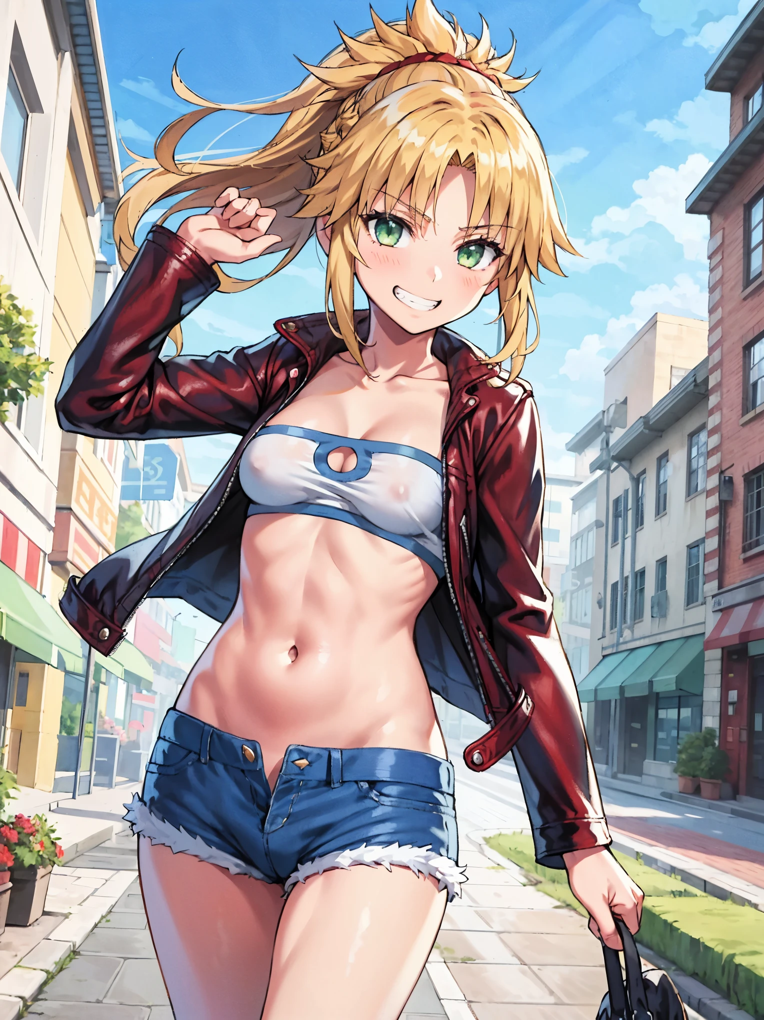 Masterpiece, Best Quality, illustration, city_street_landscape, 1girl, Mordred \(fate\), cowboy shot, collarbone, Detailed blond hair ponytail braid, green eyes, Red leather jacket, White short blouse, denim shorts,navel,thigh-high,grin, covered_pussy,skiny,happy,