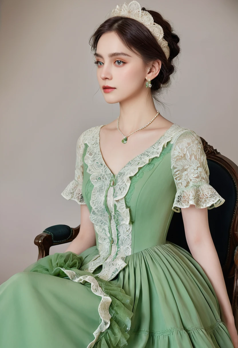 ((High quality work)), Clean and simple lines, The green dress and beautiful ruffled lace complement each other, Enriches the layering of the entire picture, Elegant Edwardian lace dresses and princess dresses add a lot of color to the characters, Gesture with hands behind back , It also shows the gentle and elegant side of women.