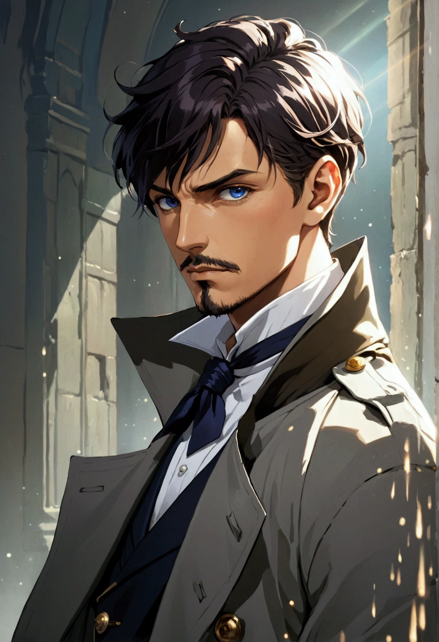 1man, mature male, parted bangs, medium-short hair, brown hair, muscular male celeb, short goatee, short mustache, indigo eyes, gentleman, elegant netori male, dark iris, ideal ratio body proportions, beautiful detailed eyes, BREAK solo, white collared shirt, gray trench coat, black neck ribbon, dandy posing, BREAK upperwaist, character image shot, in isekai style, 2010s, anime concept art, cinematic shadows, cinematic lighting, lens flare, light leaks, extreme all detailed, masterpiece, best quality,