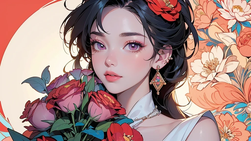 32K, 最高quality, 最高masterpiece, (ultra-Detailed Background, Detailed Background), High resolution, Super detailed, Very detailedな, One girl, (bouquet:1.3), (Tangled:1.2), (Geometric:1.2),(colorful),(masterpiece, quality, best quality, Official Art, Beautiful and beautiful:1.2), (1 girl:1.3), Very detailed,(colorful:1.1)(Flowers:1.3),Most detailed,(Tangled:1.2), whole body, (Abstract background:1.3), (Skin glows), (Many colors:1.4), ,(Earrings Jewelry:1.5), Pale Red Background,