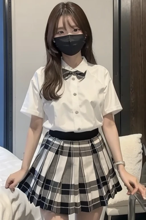 Gravure idol pose　Hotel　bed　uniform　White clothes　high resolution　Not too small bust　Black Mini Skirt　Shorten your skirt. Height 153cm　Wearing a mask