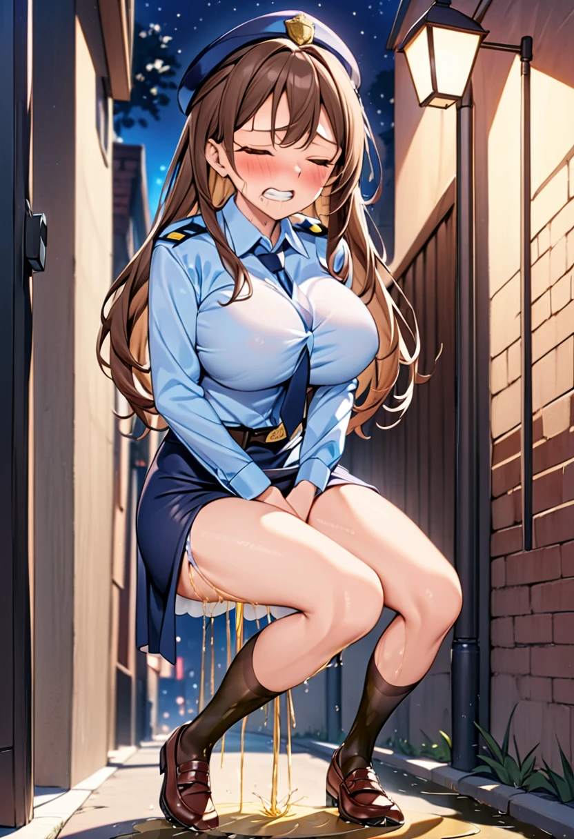 NSFW, (masterpiece, top quality, best quality, highly detailed:1.6), extremely detailed CG unity 8k wallpaper, (at midnight:2.5), night, at dawn, (full body), wide shot, long shot, (woman, outdoor, police uniform:1.4), (Woman standing in a dark alley:1.5), (light blue Shirt, long pencil Skirt:1.5), (glasses:1.5), socks, shoes, (long hair, dark brown hair:1.5), (Open your knees, Lift up the hem of the skirt with both hands:3), (Show your panty:3), (crotch, pussy, urethra, sexy panties), (Peeing with panties on, Pee stains spreading on panties, pee running down legs:2), (standing:2), (((Lift up the skirt high, Peeing with panty on))), Pee excreted with force, Urine that is discharged from the urethra in a parabolic arc, strong facial expression, (sharp eye:1.2), (scowl:1.1), (embarrassed,blush:1.3), (steam:2), (Wet:1.1), (sweat:1.1), (trembling:1.3), (open mouth, wavy mouth:1.4), (clenched teeth:1.7), (closed eyes:1.5), (feeling weak:1.5), (bravery crying, sobbing:1.5), (shoot from front, looking at viewer:1.2),(woman trembling with sexual climax:1.5), colorful, perfect composition, urination, incontinence, piss, peeing self, A lot of pee, having an accident, pee running down legs, panties around one leg, (((pee stream))), (pee puddle), wetting herself, pee stain, peeing, blush, trembling, embarrassed, large breasts, Yellow pee, ((leaking pee)), Shaking one's shoulders, Breaking a sweat on forehead, puddle of pee, Pee at your feet, Pee spread on the floor, Pee stains, Dripping pee between my legs, Feet wet from pee, Pee-covered feet, Pee at your feet, want to pee, about to pee, Full bladder, Pee-soaked skirt, Pee-soaked shoes, natural makeup,