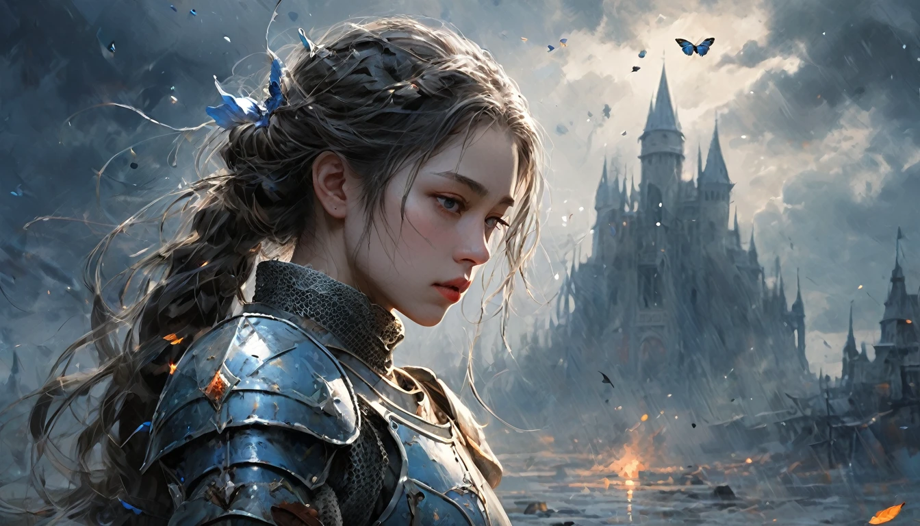 rain、right ,prayer, 　middle ages　Europe, きれいな女knight, Sad look, Faded elegance,　Waiting for the return , rainに打たれながら祈る , A poignant atmosphere, Lost Beauty, Melancholic mood, Fascinating, Eternal Sadness, Contrasting, Delicate Decay,Line art,Backlight,Wind,Backlight,Stardust,(Wind:1.2),knight,Blue Blood, Fire and butterfly , Fingers are both methods５Book, Woman warrior,A heartbreaking war story,Field,Strong gaze,Reach out to the sky