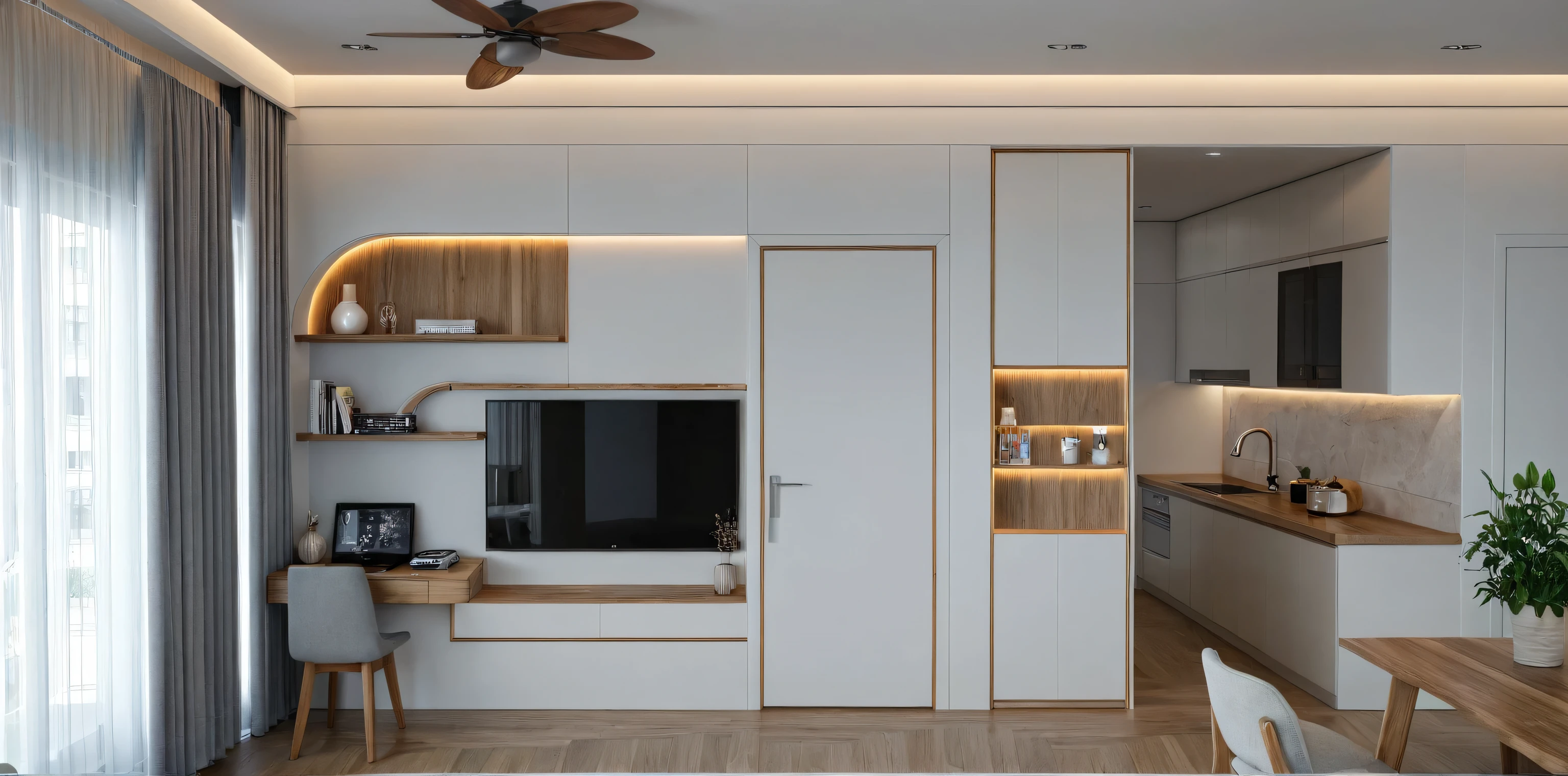 (RAW photo, masterpiece, best quality,ultra-detailed, extremely delicate and beautiful, highresolution, best shadow:1.1), modern livingroom and kitchen, curtain, natural view, tv cabinet, reflective floor, (white and blue wall), grey wall accent, wine racks, wooden ceiling fan, white ceiling, plant and flower, interior lighting, 
realistic lighting