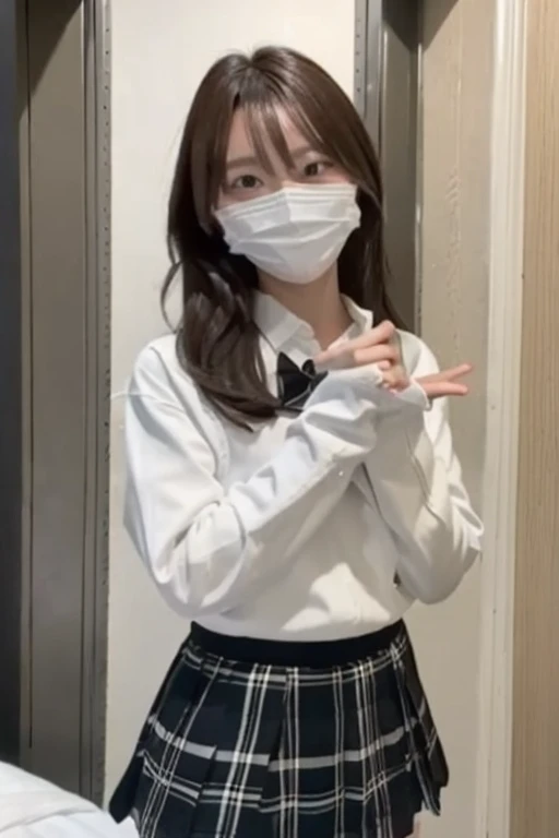 Gravure idol pose Hotel bed uniform White clothes high resolution Not too small bust Black Mini Skirt Shorten your skirt. Height 153cm Wearing a mask