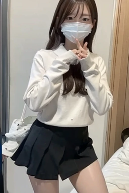 Gravure idol pose Hotel bed uniform White clothes high resolution Not too small bust Black Mini Skirt Shorten your skirt. Height 153cm Wearing a mask