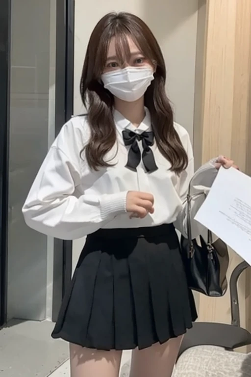 Gravure idol pose　Hotel　bed　uniform　White clothes　high resolution　Not too small bust　Black Mini Skirt　Shorten your skirt. Height 153cm　Wearing a mask