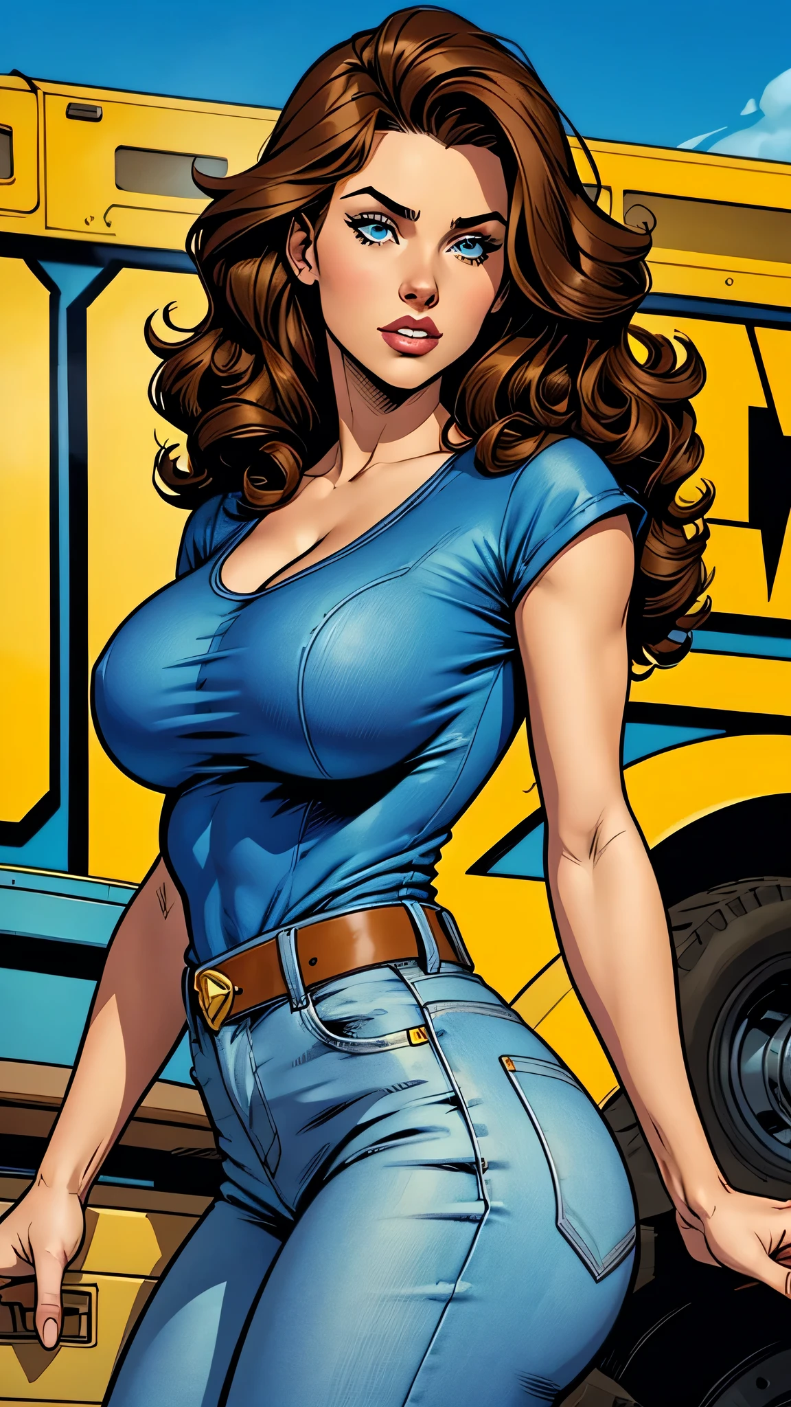 beautfull woman , 21 years old , Very beauthful, blue colored eyes, curly brown hair, yellow denim pans, blue T-shirt, big-ass, busty. comic style. Marvel comics style 