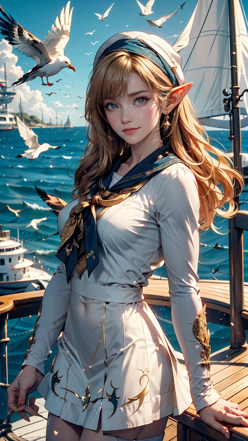 (((masterpiece, Highest quality, High resolution, Attention to detail)))), ((((Fantasy))), One, (Elf Woman)))), (White short skirt with gold embroidery), (Long straight blonde hair), (Shiny dark green eyes), (White frilly blouse with gold embroidery), big, (((On the deck of a sailing ship at sea)), (Vast ocean))), (The sky with clouds)), (( Seagulls flying in the sky)), smile, (Wind), Particles of light flying、Wearing a Bandit Bandana