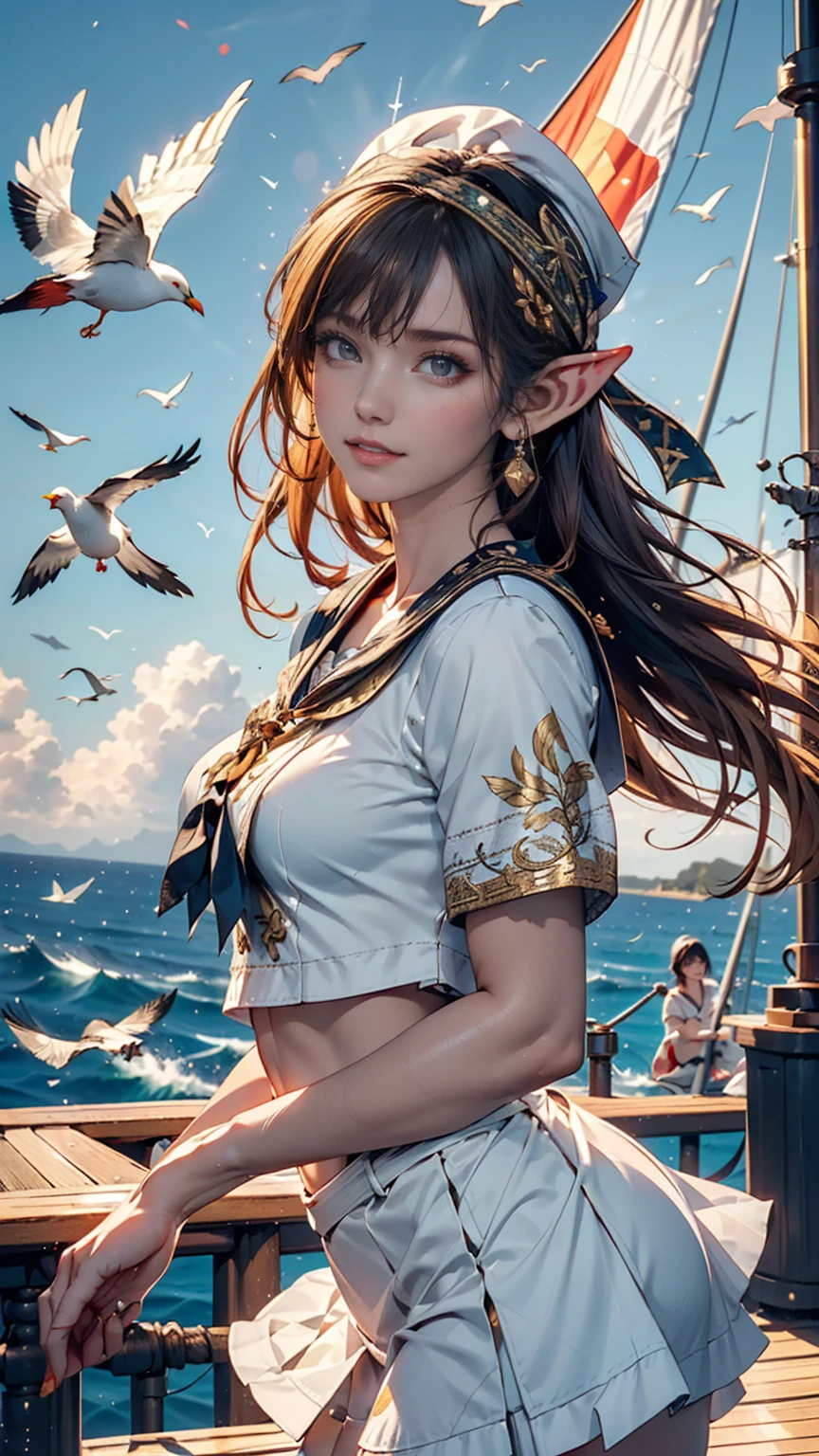 (((masterpiece, Highest quality, High resolution, Attention to detail)))), ((((Fantasy))), One, (Elf Woman)))), (White short skirt with gold embroidery), (Long straight blonde hair), (Shiny dark green eyes), (White frilly blouse with gold embroidery), big, (((On the deck of a sailing ship at sea)), (Vast ocean))), (The sky with clouds)), (( Seagulls flying in the sky)), smile, (Wind), Particles of light flying、Wearing a Bandit Bandana